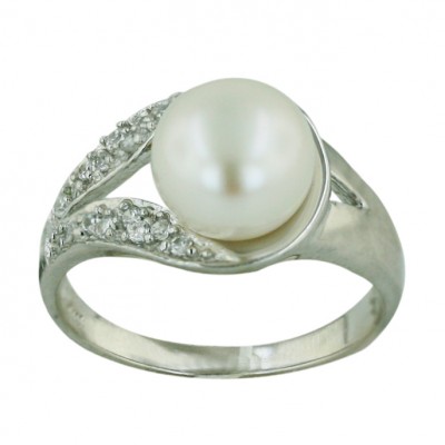 Sterling Silver Ring Clear Cubic Zirconia Hook with 9mm White Fresh Water Pearl