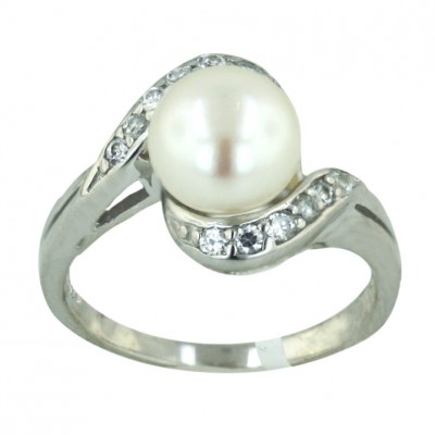 Sterling Silver Ring Oppositive Clear Cubic Zirconia Lines+9mm White Fresh Water Pearl