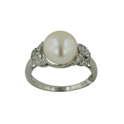 Sterling Silver Ring 10.5mm White Fresh Water Pearl with Clear Cubic Zirconia on both Sides