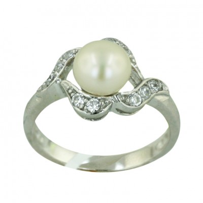 Sterling Silver Ring Clear Cubic Zirconia Waves Around 7.5mm White Fresh Water Pearl