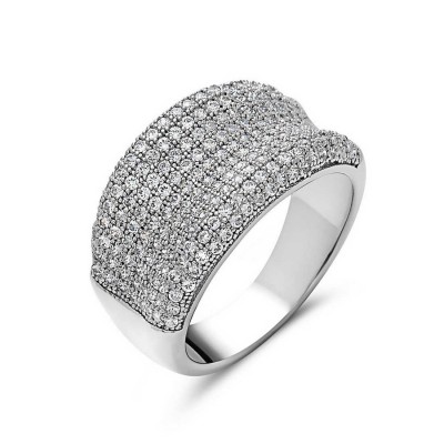 Sterling Silver Ring (W=11mm) Micropave Clear Cubic Zirconia Concave Band