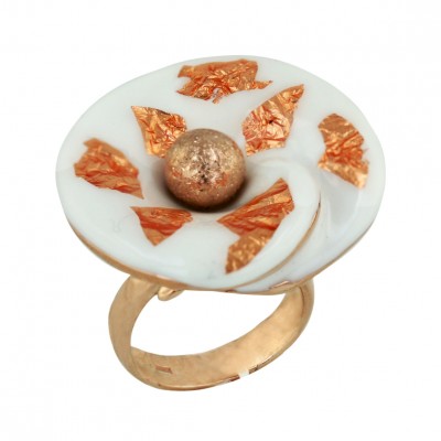 Sterling Silver Ring 8mm Ball Ctr+Rosegold Plate+White Enamel S