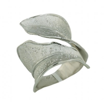 Sterling Silver Ring Oppositive Matt Finish+Dusted Leaf--Rhodium Plating Plate