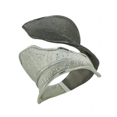 Sterling Silver Ring Oppositive Matt Finish+Dusted Leaf--Rh+Ruthenium