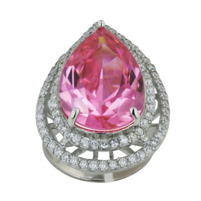 Sterling Silver Ring 32X22mm Pink Cubic Zirconia Tear Drop with 2 Layer Clear Cubic Zirconia Aroun