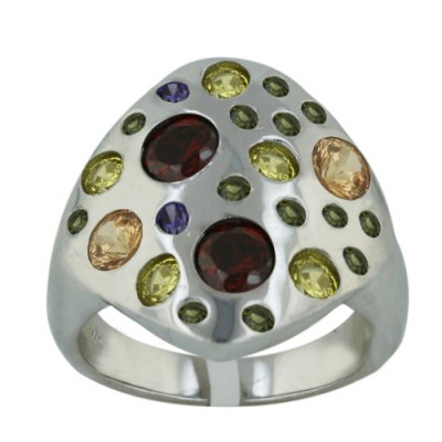 Sterling Silver Ring 20X20mm Amethyst+Champagne+Garnet +Olivine+Citrine Cubic Zirconia Round Cluster Rhodium Plating