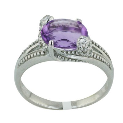 Sterling Silver Ring 10X8mm Gemstone Amethyst+Wh Topaz Round--Rhodium Plating/Nickle Free-