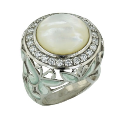Sterling Silver Ring 24mm White Mother of Pearl Round with Clear Cubic Zirconia+White Enamel