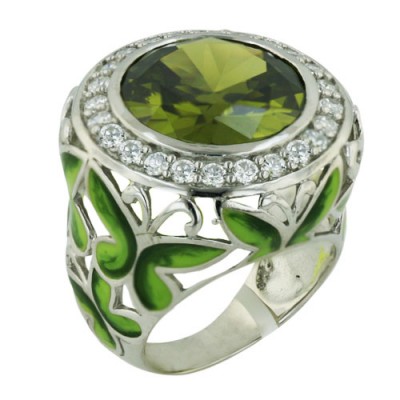 Sterling Silver Ring 24mm Olivine Cubic Zirconia Round with Clear Cubic Zirconia+Dark Green Enamel