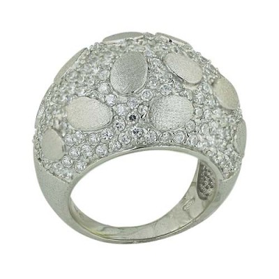 Sterling Silver Ring L=20mm Clear Cubic Zirconia Dome with Satin Finish Rhodium Plating