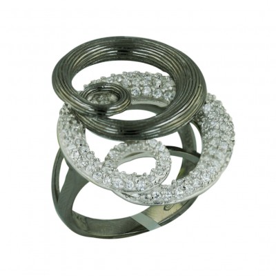 Sterling Silver Ring L=30mm Clear Cubic Zirconia+Lines Texture Black Platin