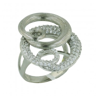 Sterling Silver Ring L=30mm Clear Cubic Zirconia+Lines Texture Rhodium Plating Plating S