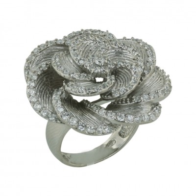 Sterling Silver Ring W=29mm Rhodium Plating Plating Lines Texture Clear Cubic Zirconia P