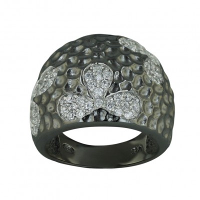 Sterling Silver Ring L=19.5mm Hammered Black Plating Dome with