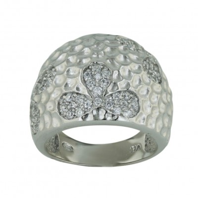 Sterling Silver Ring L=19.5mm Hammered Rhodium Plating Plating Dome with Cle
