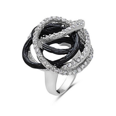 Sterling Silver Ring Interlock Clear Cubic Zirconia+Lines Texture Black Pla