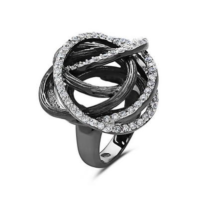 Sterling Silver Ring L=27mm Clear Cubic Zirconia+Lines Texture Black Plate