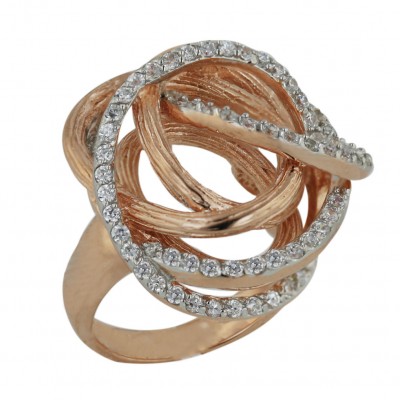 Sterling Silver Ring L=27mm Clear Cubic Zirconia+Lines Texture Rosegold Pla