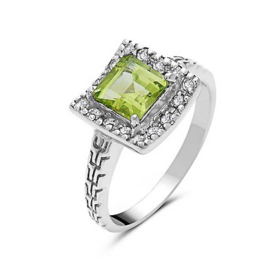 Sterling Silver Ring 12X12mm Peridot Topaz Square with White Topaz Around