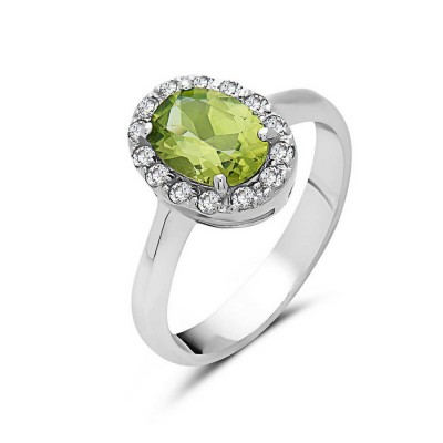 Sterling Silver Ring 13X10mm Peridot Topaz Oval with White Topaz Around