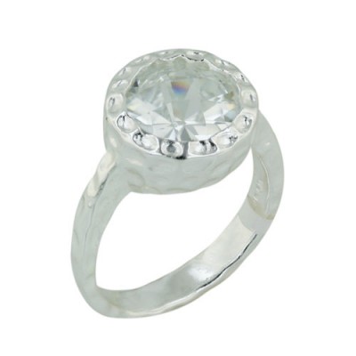 Sterling Silver Ring 13mm Clear Cubic Zirconia Round Chess Cut with Hammerred Shr