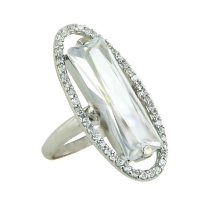 Sterling Silver Ring 24X8mm Clear Cubic Zirconia Rectangular Princess Cut with Open Clear