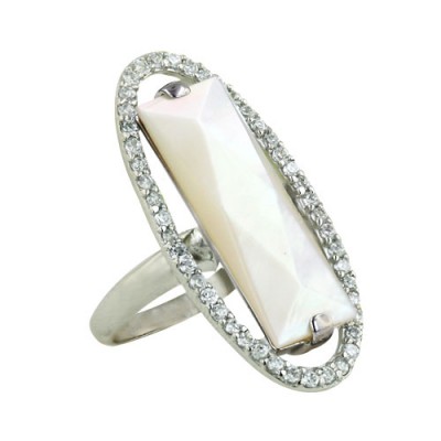 Sterling Silver Ring 24X8mm White Mother of Pearl Rectangular Chess Cut with Open Clear
