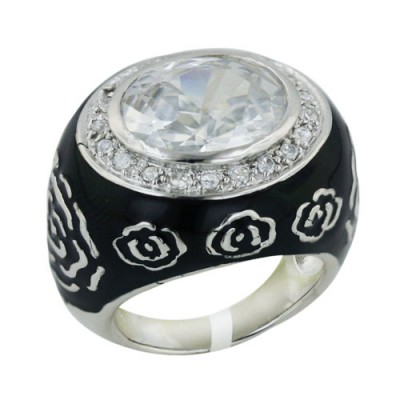Sterling Silver Ring 22X19mm Clear Cubic Zirconia Round Bezel Set with Black Enamel
