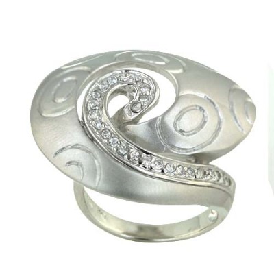 Sterling Silver Ring 30X30mm Double Oval Pattern Satin Finish+Clear C