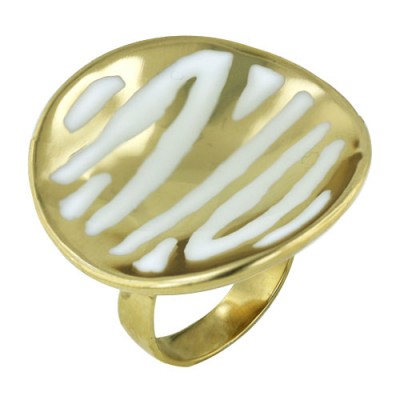 Sterling Silver Ring 30mm Gold+White Enamel Zebra Print Round S