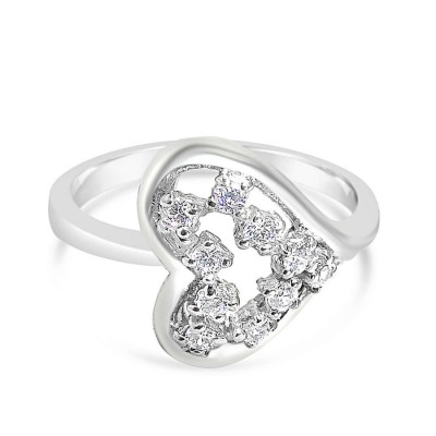Sterling Silver Ring Open Clear Cubic Zirconia Left Sided Multiple Heart--Rhodium Plating/
