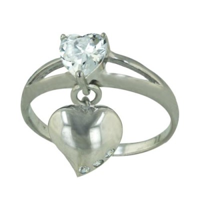 Sterling Silver Ring 6mm Clear Cubic Zirconia Heart with 12X12mm Silver Heart+3 T