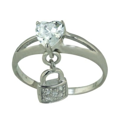 Sterling Silver Ring 6mm Clear Cubic Zirconia Heart with Clear Cubic Zirconia Lock Bottom--Rhodium Plating/N