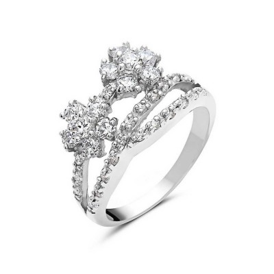 Sterling Silver Ring Double 8mm Clear Cubic Zirconia Flower with Clear Cubic Zirconia Lines Beneat