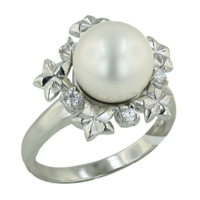 Sterling Silver Ring 12mm White Mother of Pearl Shell Pearl with Clear Cubic Zirconia+Silver