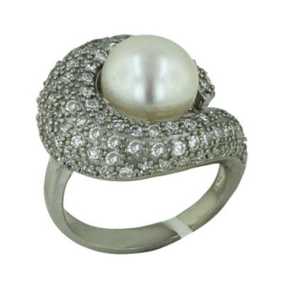 Sterling Silver Ring 10.5mm White Fresh Water Pearl with Clear