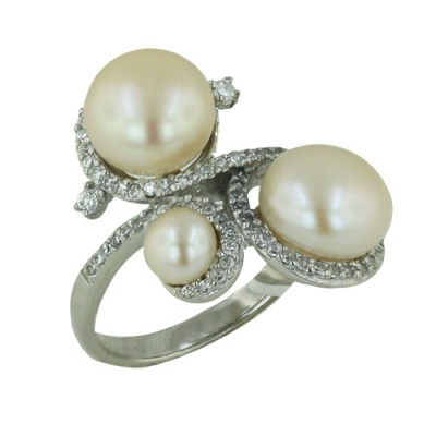 Sterling Silver Ring 3 (9.5mm+5.5mm) White Fresh Water Pearl+Cle