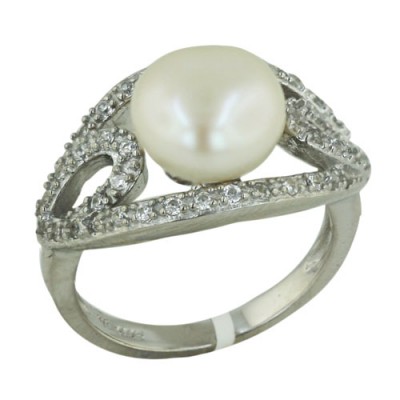 Sterling Silver Ring Clear Cubic Zirconia Open Marquis with White Fresh Wat