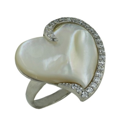 Sterling Silver Ring White Mother of Pearl Heart with Clear Cubic Zirconia