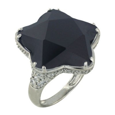 Sterling Silver Ring 24X24mm Black Cubic Zirconia Star with Clear Cubic Zirconia Outer Side--Rhodium Plating