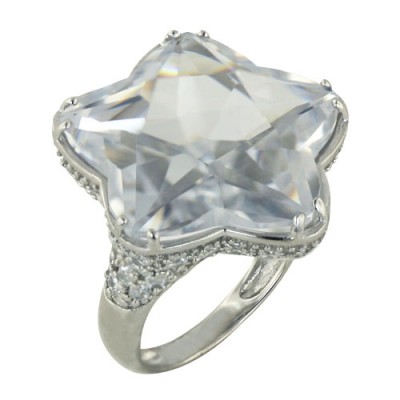 Sterling Silver Ring 24X24mm Clear Cubic Zirconia Star with Clear Cubic Zirconia Outer Side--Rhodium Plating