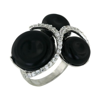 Sterling Silver Ring 17X17mm+Double 12X12mm Onyx Round with Clear Cubic Zirconia