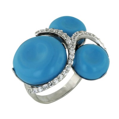 Sterling Silver Ring 17X17mm+Double 12X12mm Turquoise Blue Round with Clear
