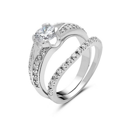 Sterling Silver Ring (2Pcs Sets) 6mm Clear Cubic Zirconia Round with Cubic Zirconia Sides--R
