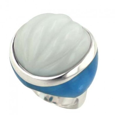 Sterling Silver Ring 25mm Sky Quartz with Shell Pattern White J