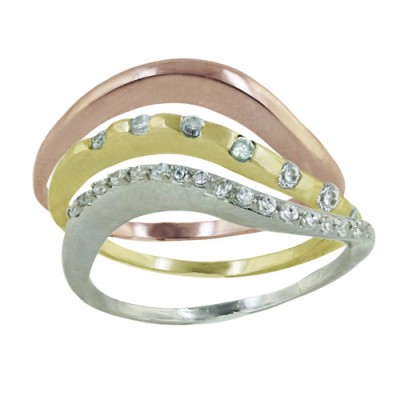 Sterling Silver Ring Tri-Tone Silver+Rosegold+Gold Plate with Clear C