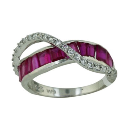 Sterling Silver Ring Ruby Red Square Channel Set with Clear Cubic Zirconia Bypass Li