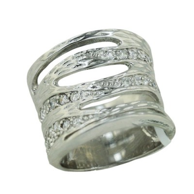 Sterling Silver Ring Multiple Clear Cubic Zirconia Lined Pattern--Rhodium Plating/Nickle Free--