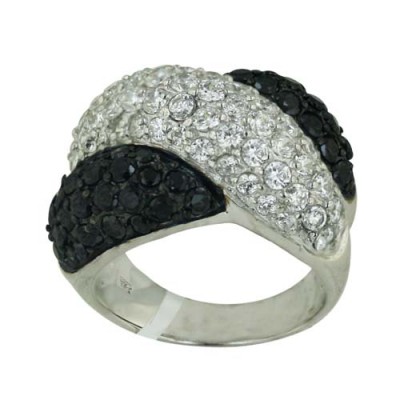 Sterling Silver Ring Criss Cross Clear Cubic Zirconia (Rhodium Plating) +Black Cubic Zirconia (Black Plated) with