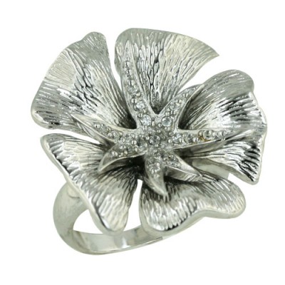 Sterling Silver Ring Clear Cubic Zirconia on Silver Petals--Rhodium Plating/Nickle Free--